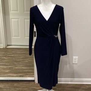 LAUREN Ralph Lauren Formal Navy Blue Long-Sleeve Dress Size 8 (Item#D019)